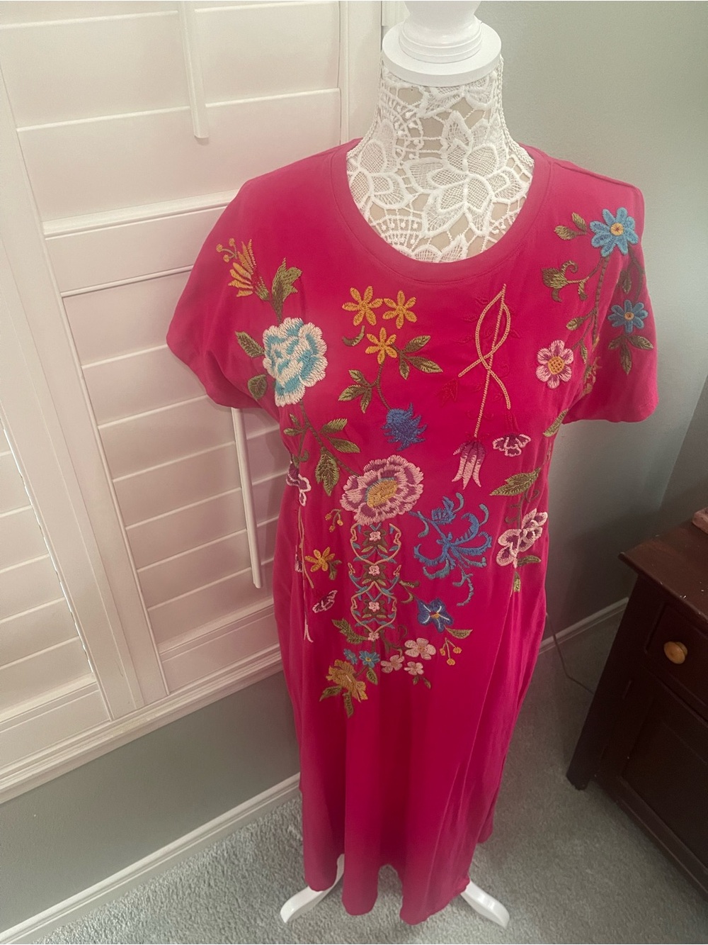 Johnny Was Fuchsia Embroidered Floral Maxi Dress